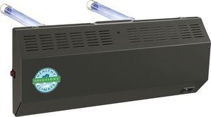 Black rectangular wall-mounted UV air sanitizer with two blue tubes and a green logo