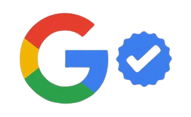 Google logo with a blue verification badge and white checkmark