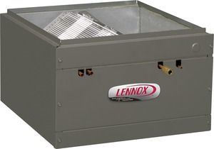 Gray Lennox HVAC unit with open top grille and logo on the front