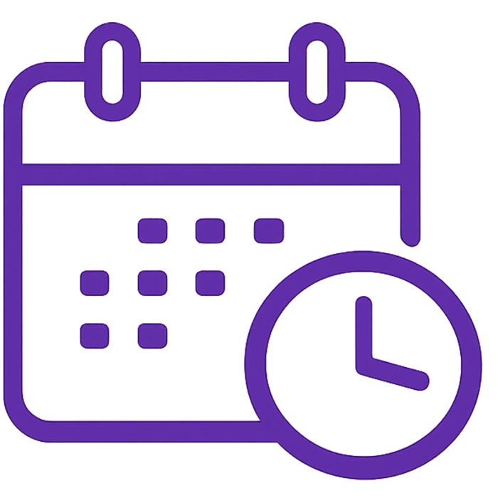 Purple calendar icon with a clock, indicating a scheduled event or reminder