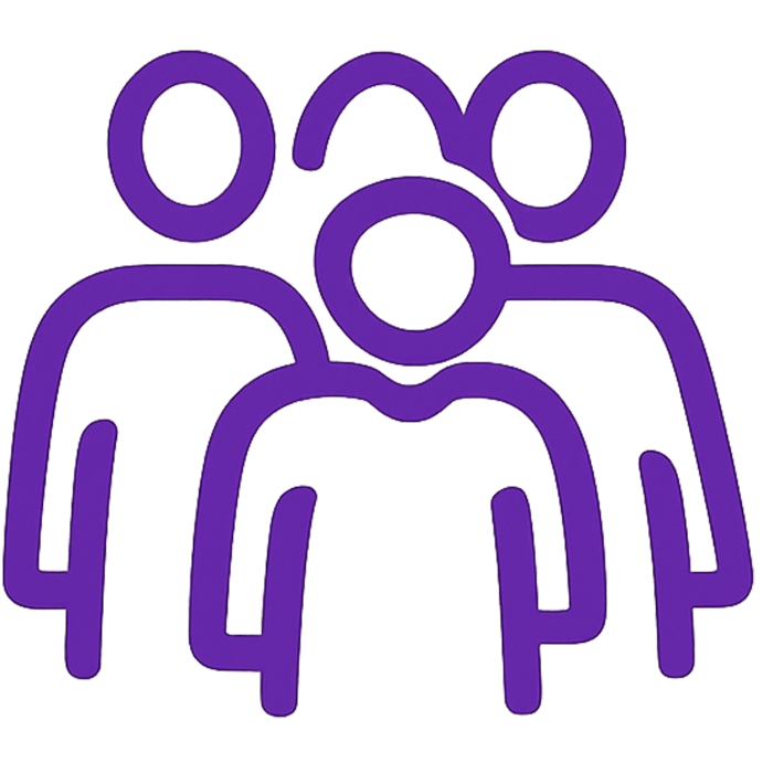 Purple outline of three overlapping people icons on a white background