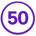 Purple 50 in a circle on a white background