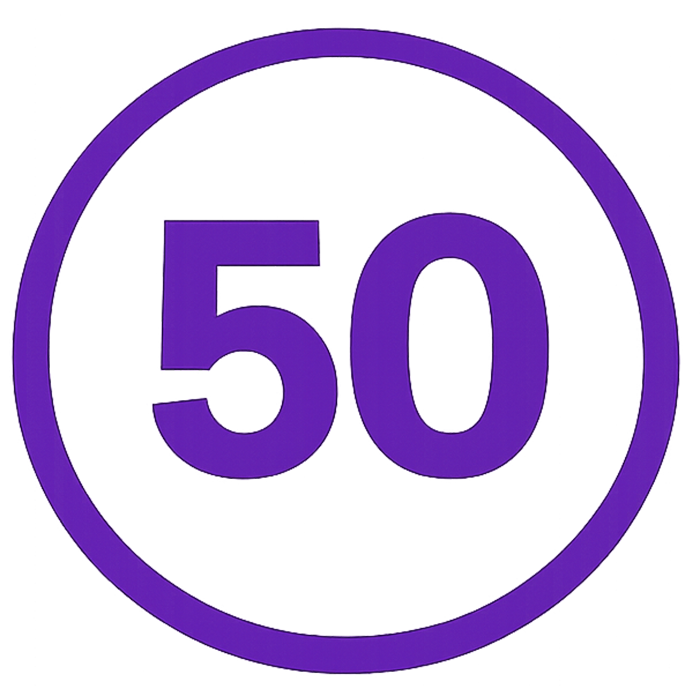Purple 50 in a circle on a white background