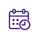 Purple calendar icon with a clock overlay, indicating scheduling or time.
