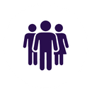 Three purple human figures standing together on a white background
