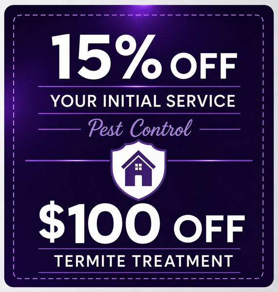 Purple pest control promo: 15% off initial service and $100 off termite treatment