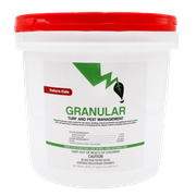 White tub of Granular turf and pest management product with red lid and green label