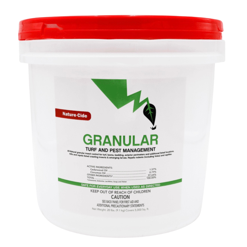 White plastic bucket of Granular turf and pest management product with a red lid and green label