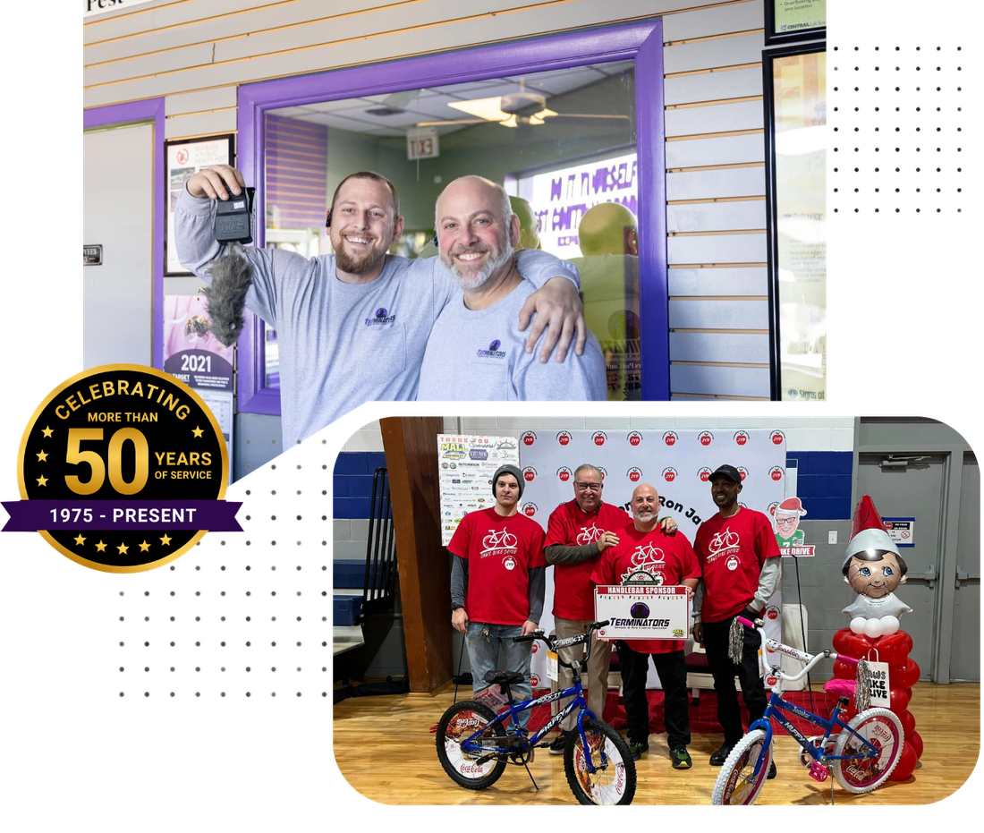 Collage of two storefront celebration photos with groups in red shirts and a 50 years anniversary badge