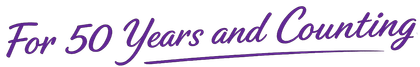 Purple script text reading “For 50 Years and Counting”