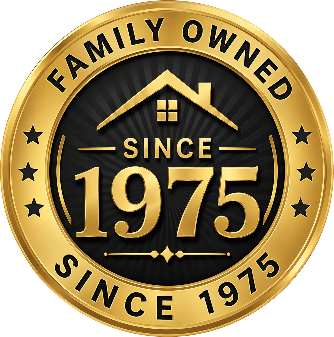 Gold circular “Family Owned Since 1975” badge with house icon and black center text.