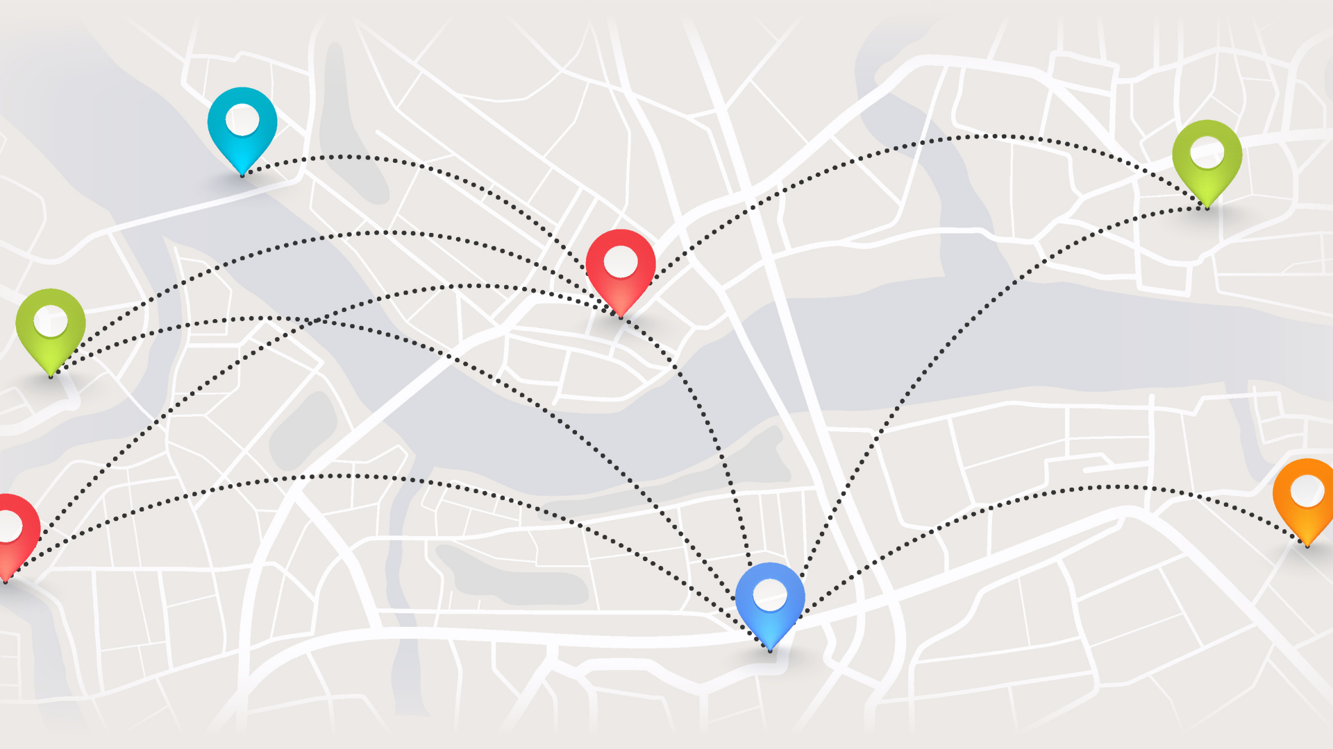 Colorful map pins connected by arcing dotted routes over a light gray map background