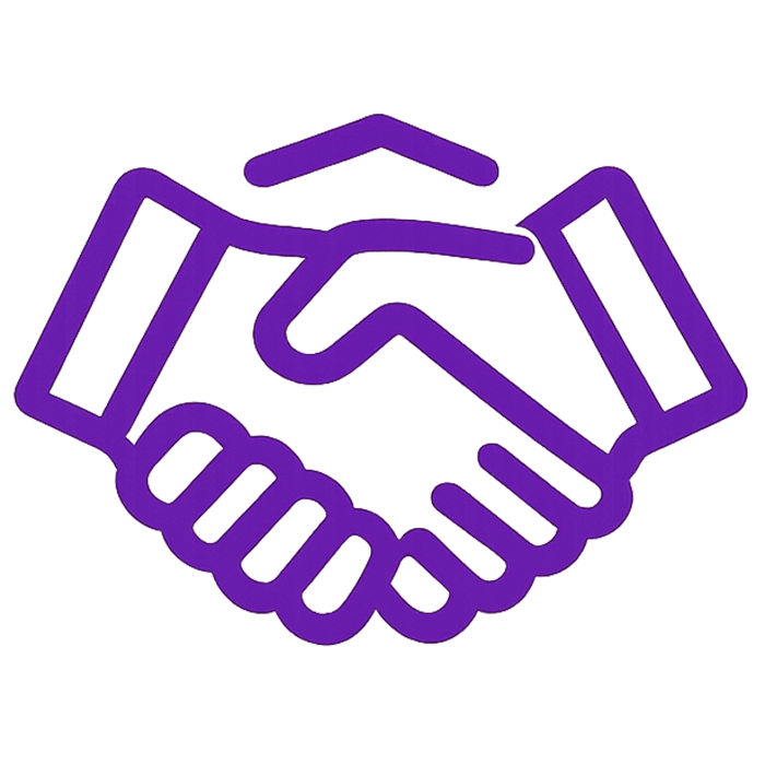 Purple handshake icon representing agreement or partnership