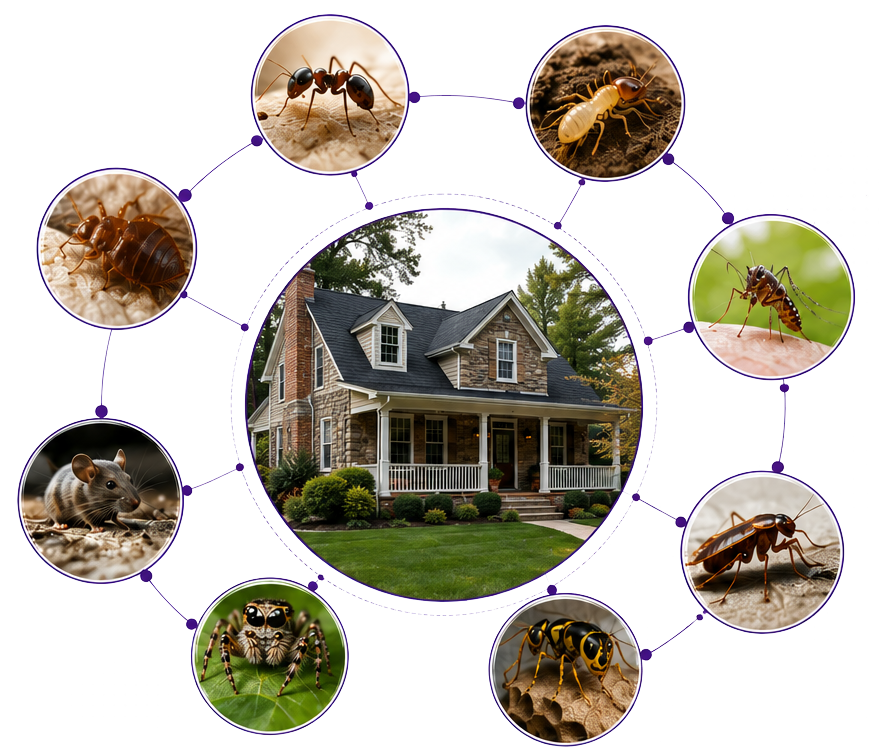 House surrounded by circular close-ups of insects and pests, suggesting home pest control.