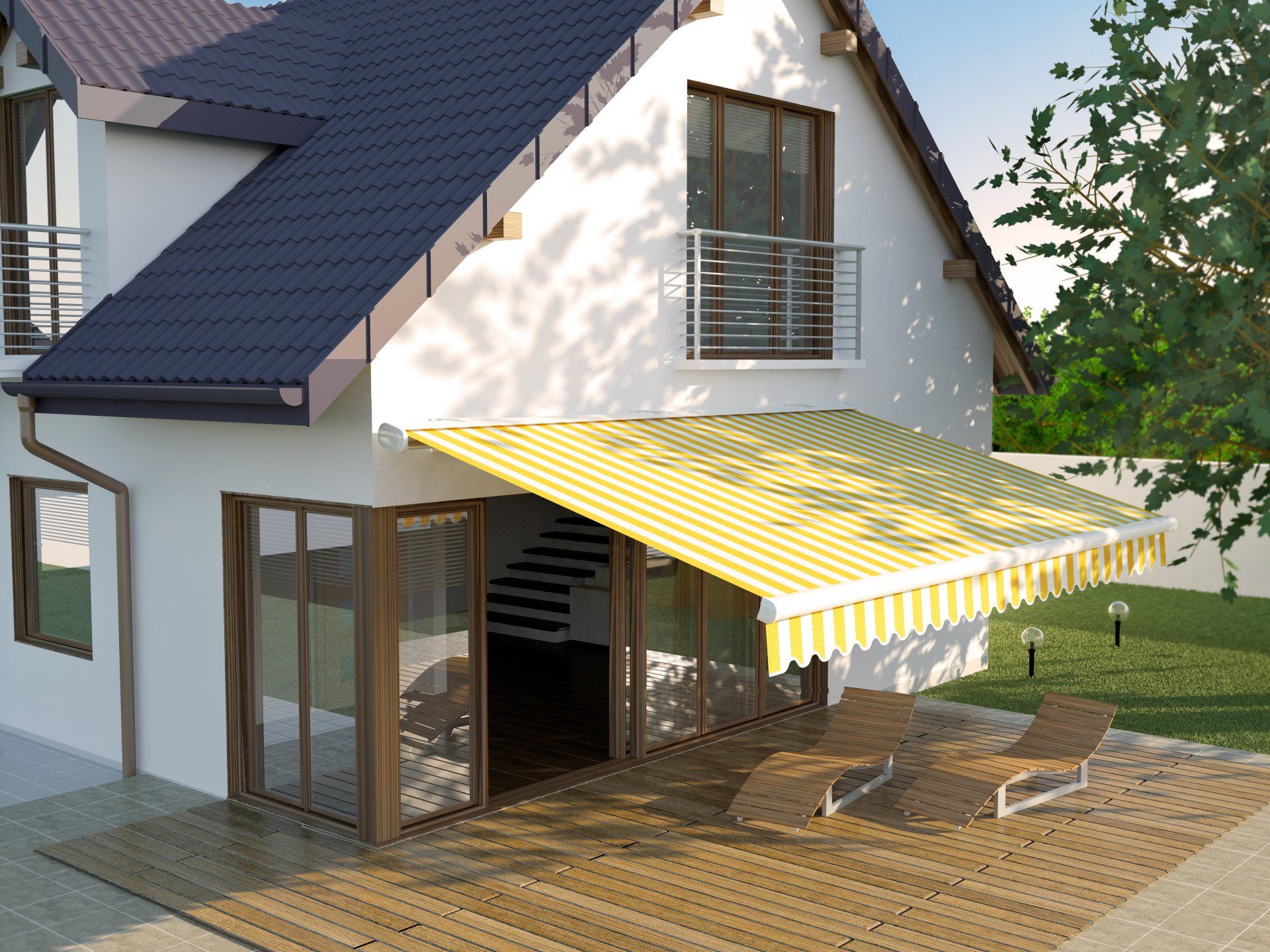 Yellow custom awning over patio furniture