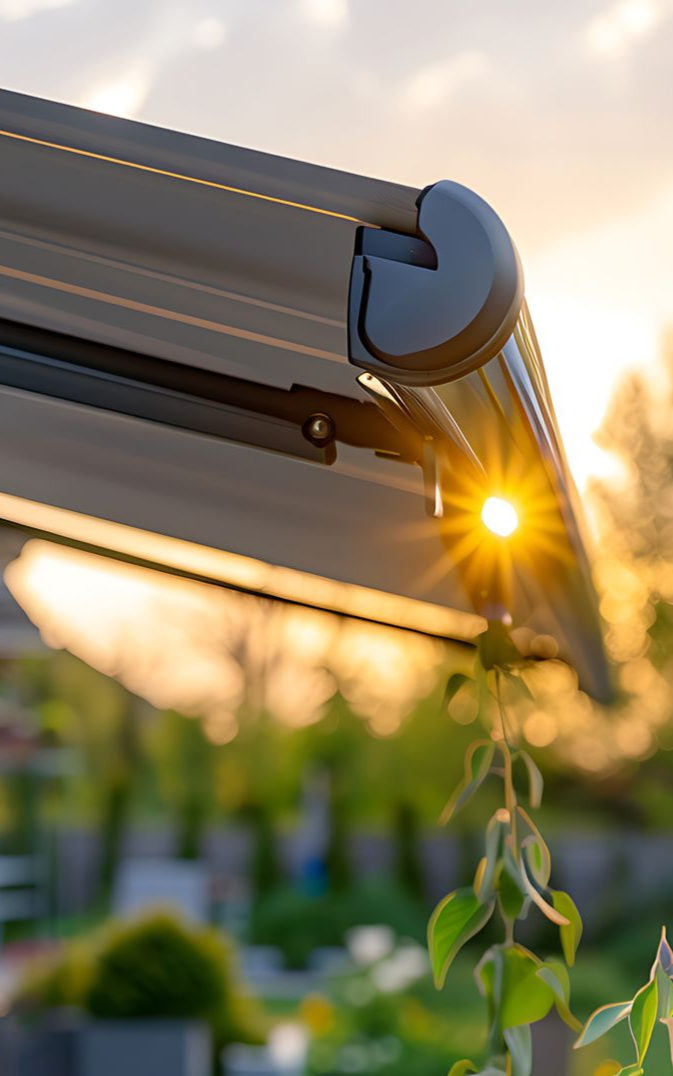 Sunlit pergola awning with a vine hanging beside it at sunset