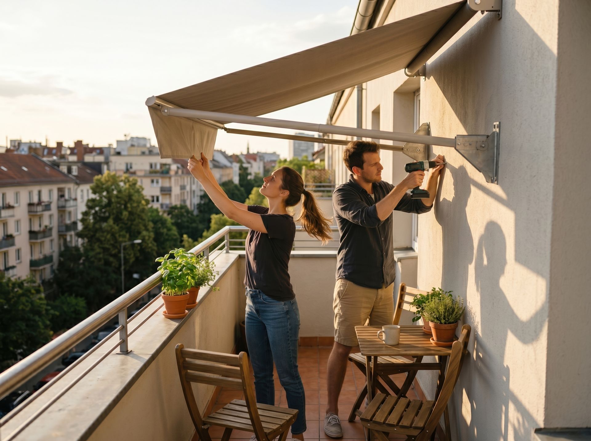 couple installing retractable awning