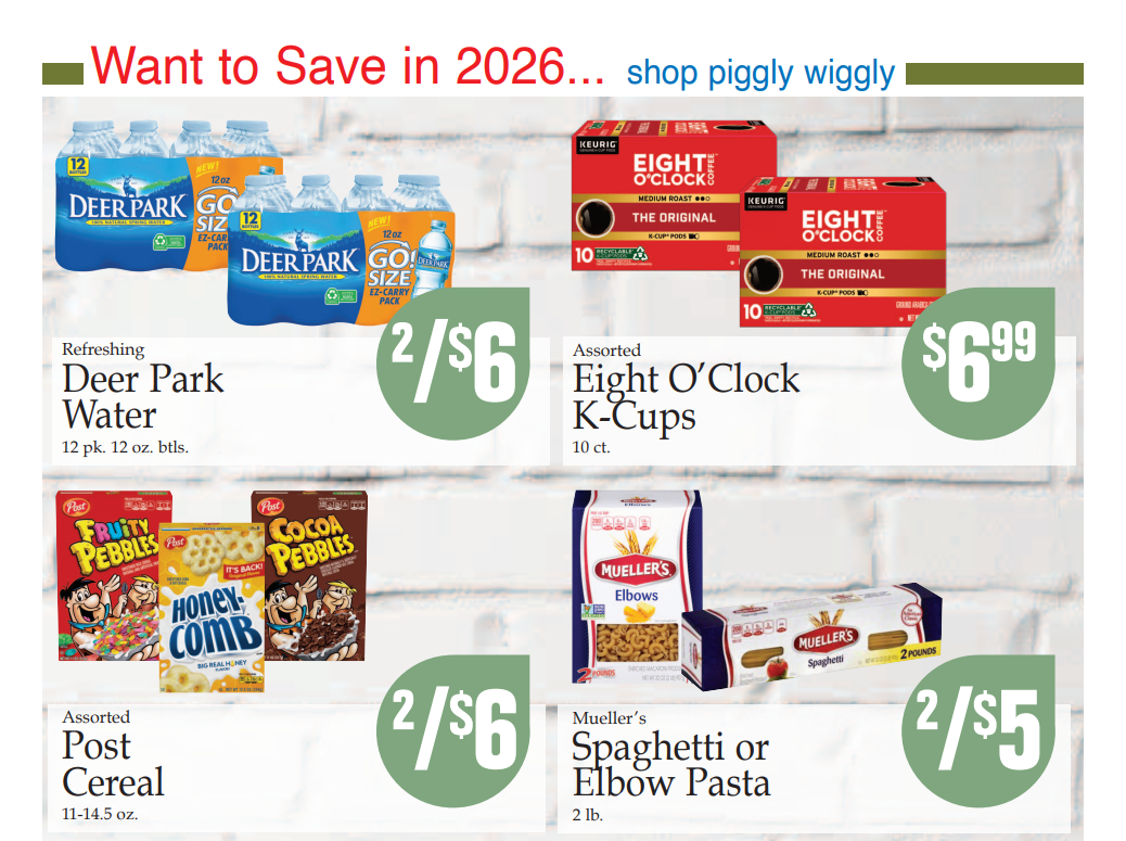 Grocery store advertisement flyer featuring various food products, including pantry staples, dairy, and frozen items.