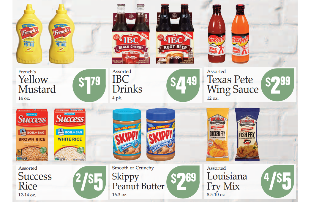 Grocery store advertisement flyer featuring various food products, including pantry staples, dairy, and frozen items.