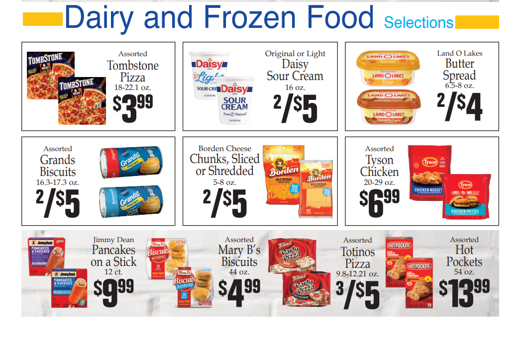 Grocery store advertisement flyer featuring various food products, including pantry staples, dairy, and frozen items.
