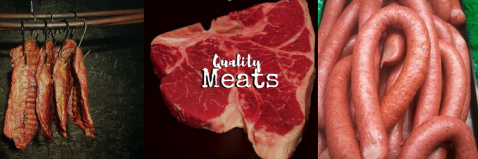 A collage showing rows of hanging smoked ribs, a raw T-bone steak, and a pile of sausages.