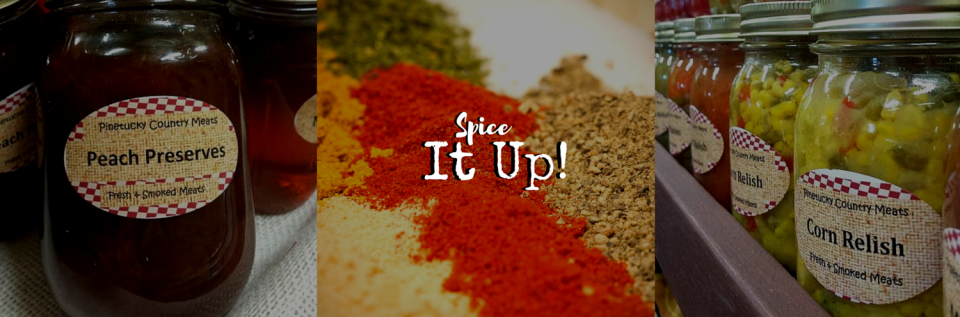 Jars of peach preserves and corn relish flanking a centered pile of various colorful ground spices with the text 