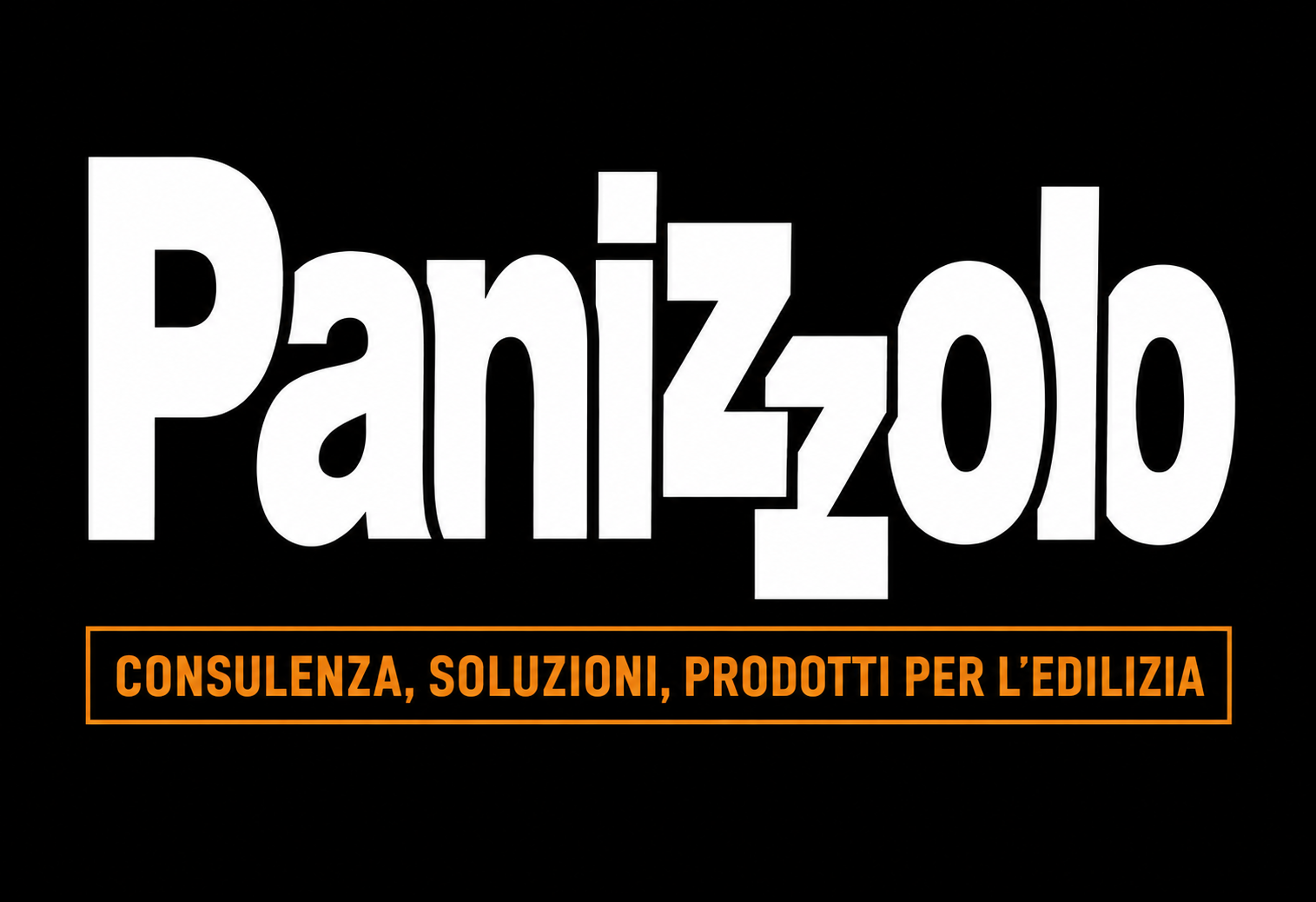 Logo Panizolob bianco su sfondo nero con payoff arancione: «Consulenza, soluzioni, prodotti per l’edilizia»