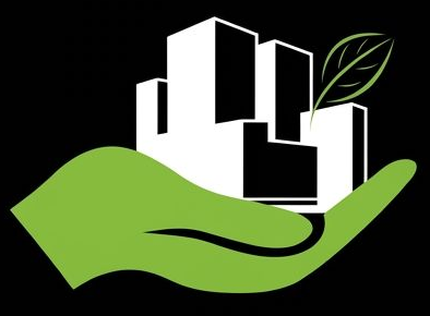 Mano verde che sostiene edifici bianchi con una foglia, a simboleggiare la sostenibilità urbana ecologica.