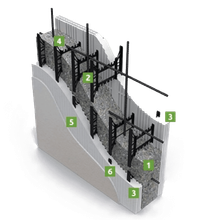 Exploded view of a modular wall assembly with labeled layers and framing components