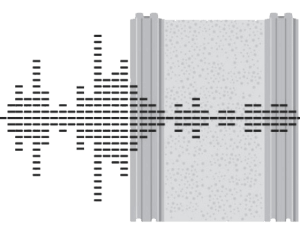 Black audio waveform over a gray soundproof door