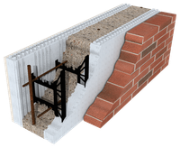 Cutaway view of an insulated brick wall with interior framing and exterior brick veneer.
