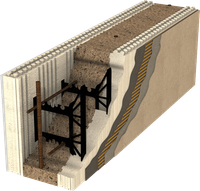 Cutaway of a wall cavity showing black steel supports and insulation inside a stucco wall