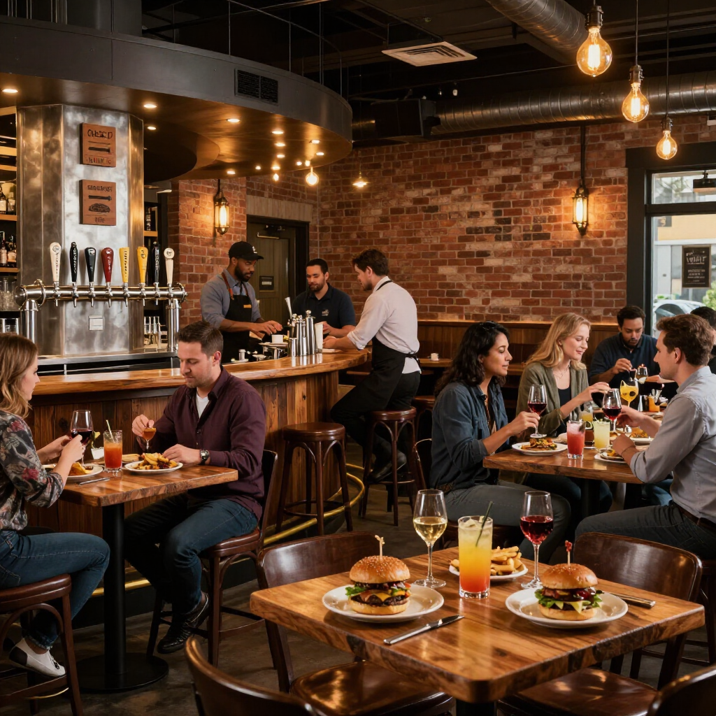 Busy restaurant with diners chatting over drinks and burgers in a warm brick-walled interior