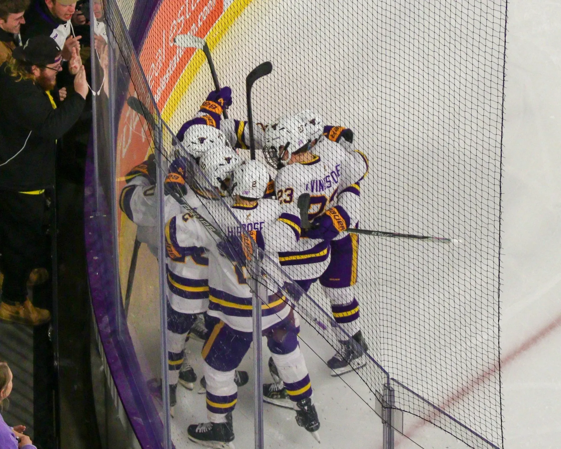 Hockey players in white and purple celebrate by the boards after a goal.