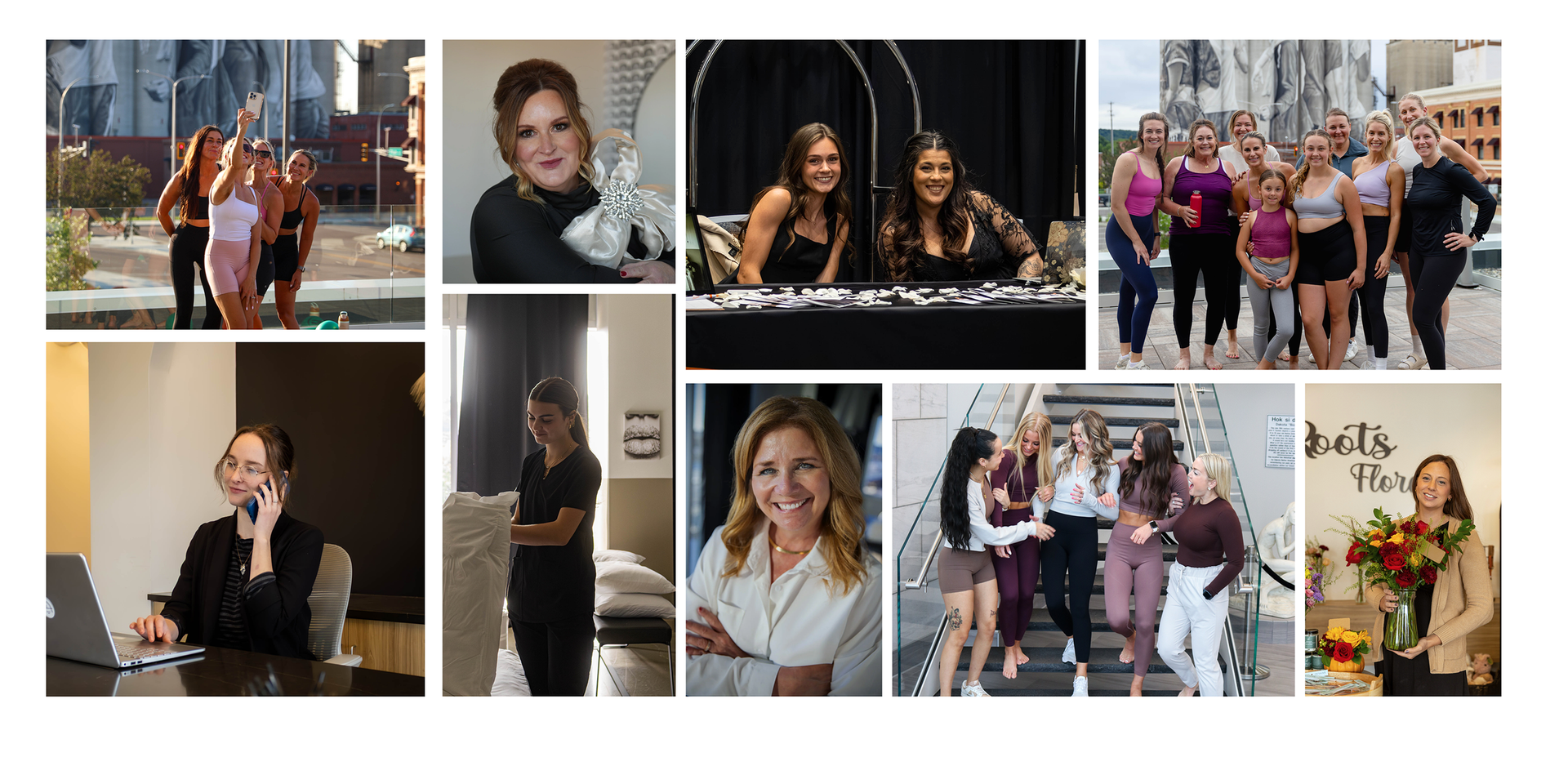 Collage of women at a fashion event, posing, walking outdoors, and speaking at a podium
