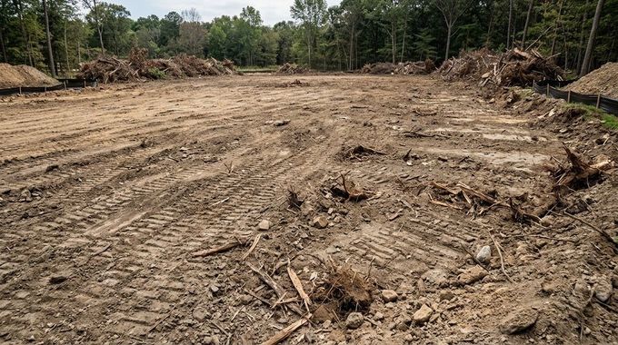Cleared dirt field with tire tracks, surrounded by cut brush and trees under a cloudy sky