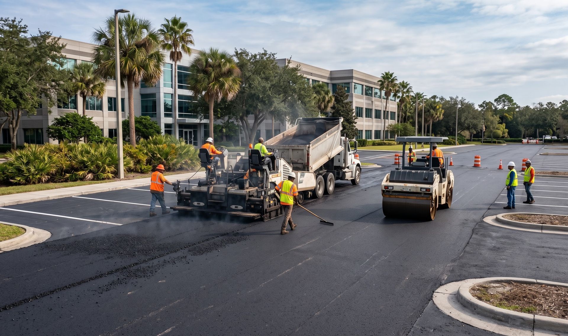 Wet concrete pouring from a truck chute onto a construction site, forming a gravelly slab surface