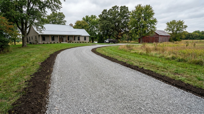 Gravel driveway curving past a white farmhouse and barn in a green rural field
