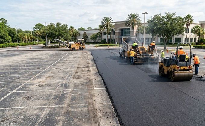Worker using an orange concrete saw to cut pavement, with dust and debris on the ground