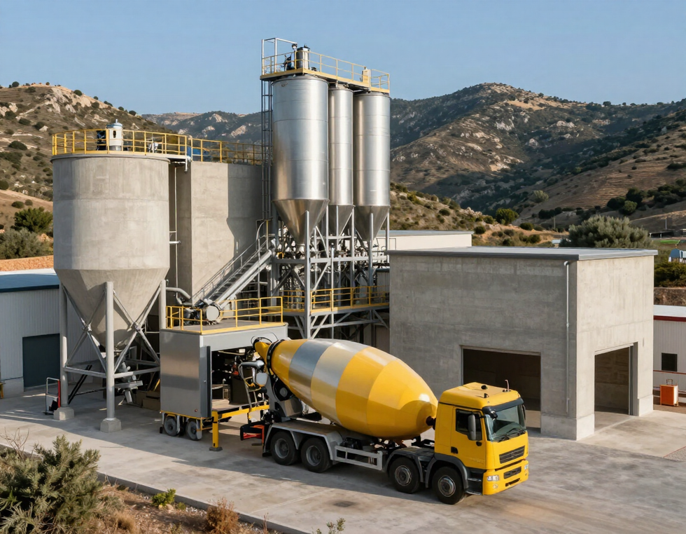 Impianto moderno per calcestruzzo con autobetoniera in area industriale ordinata.