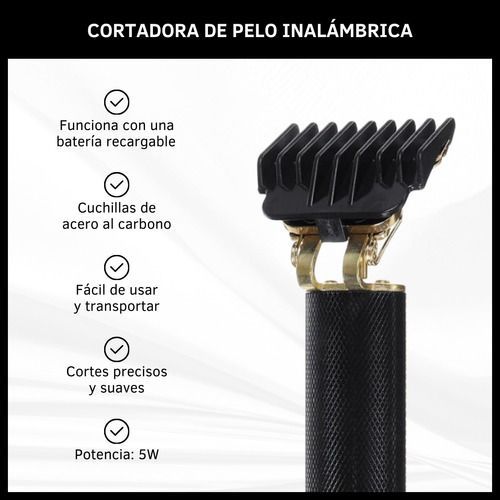 Cortadora de pelo inalámbrica negra con cabezal de cuchillas; texto sobre batería recargable y cortes precisos.
