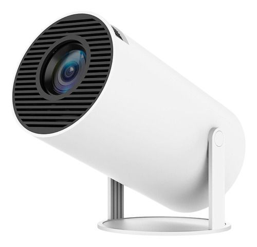 Proyector blanco con rejilla de lente negra sobre un soporte, inclinado hacia un lado.