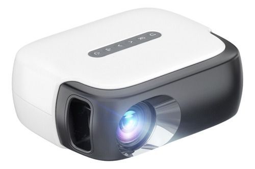 Proyector blanco y gris oscuro con lente brillante sobre fondo liso