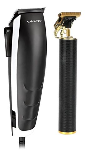 Cortapelos eléctrico negro y dorado con base de carga, se muestran vistas frontal y lateral.