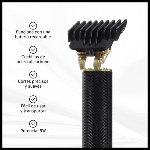 Cortapelos eléctrico negro y dorado con base de carga, se muestran vistas frontal y lateral.