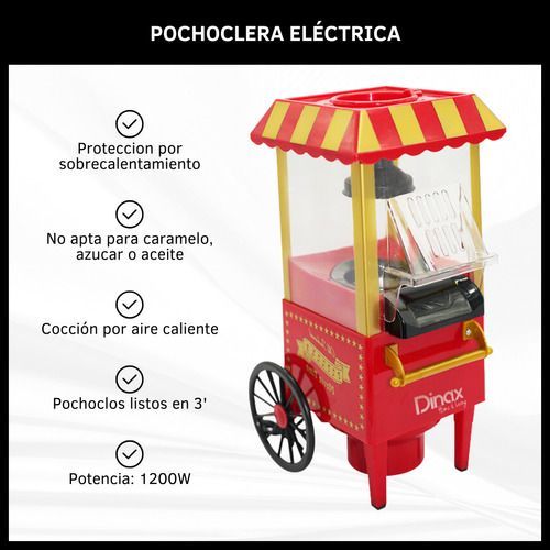 Carrito de pochoclos eléctrico rojo y amarillo con carrito, toldo y lista de funciones en español.