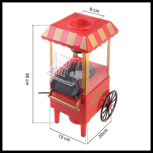 Carrito de pochoclos eléctrico rojo y amarillo con carrito, toldo y lista de funciones en español.