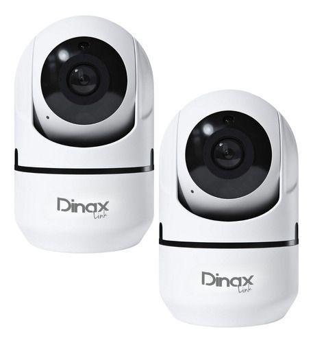 Dos cámaras de seguridad Dinax blancas, una en posición vertical y otra inclinada, sobre un fondo blanco.
