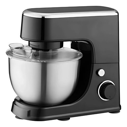 Batidora de pie negra con tazón de acero inoxidable y dial de control sobre fondo blanco.
