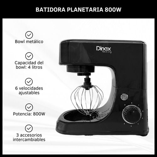 Batidora de pie negra con tazón de acero inoxidable y dial de control sobre fondo blanco.